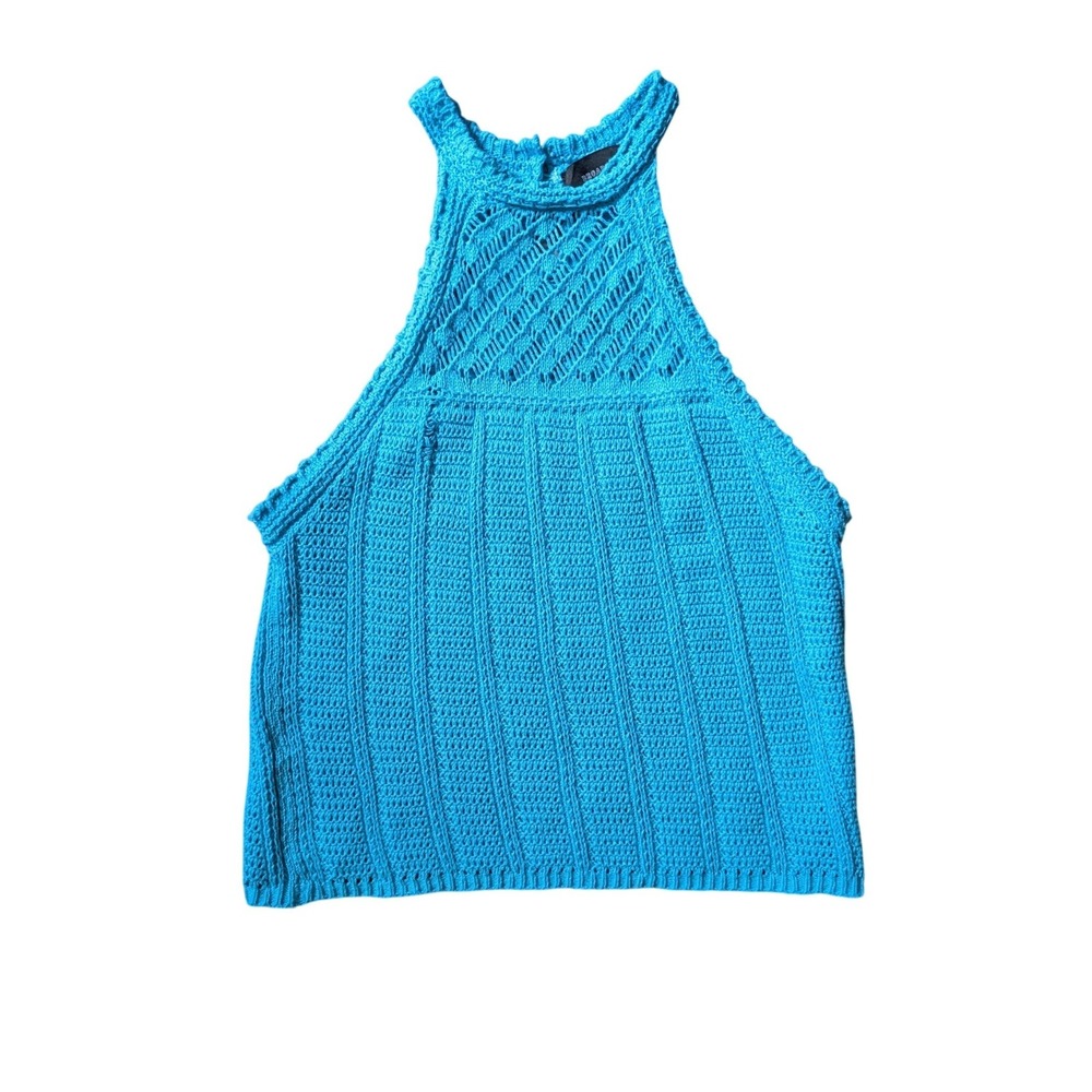 Y2K Inspired Vibrant Teal Blue Boho Coastal Festival Halter Crochet Tank Top